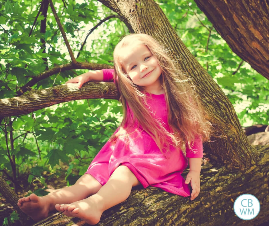 girl sitting in a tree in hot pink dress smiling at camera
