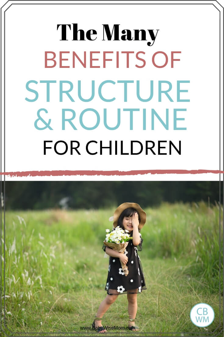 The many benefits of structure and routine for children with a picture of a girl standing in a green meadow holding a bouquet of flowers