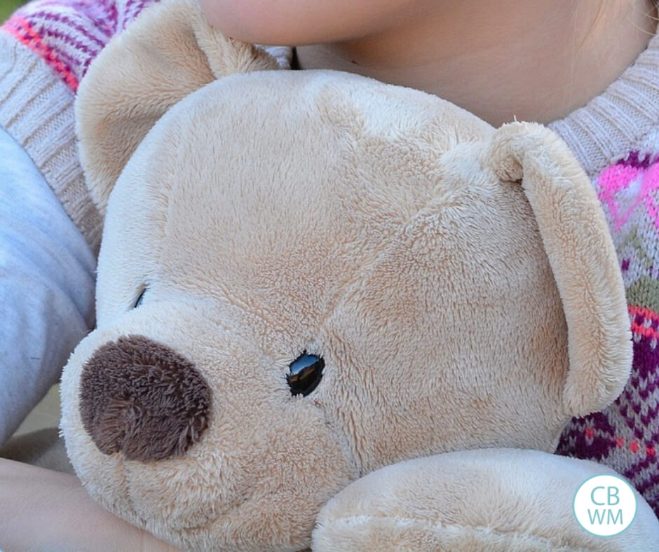 Child holding a teddy bear. The focus is on the bear. 