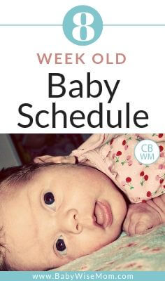 8 Week Old Baby Schedule and Routine Information. All about the days of a 7-8 week old Babywise baby. Read about concerns, growth spurt, naps, and feeding schedules for an 8 week old. 8 Week Old Baby Schedule text with a picture of an 8 week old newborn