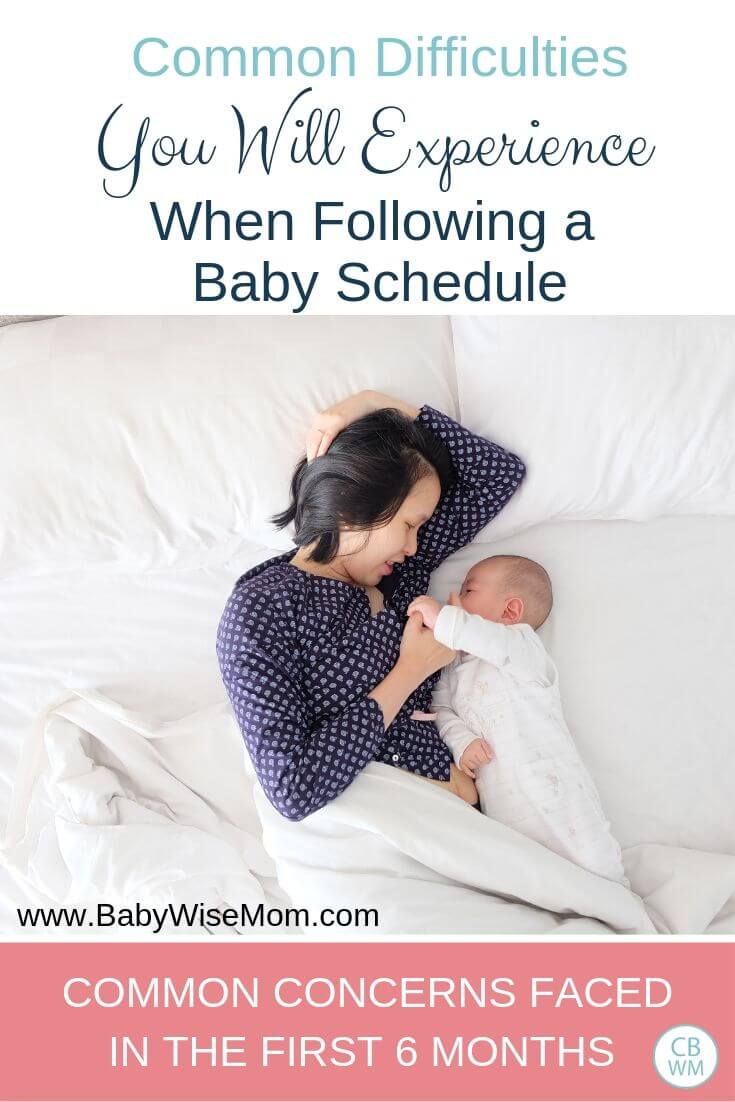 Schedule difficulties for 0-6 month old baby pinnable image with a picture of a mom and baby in bed