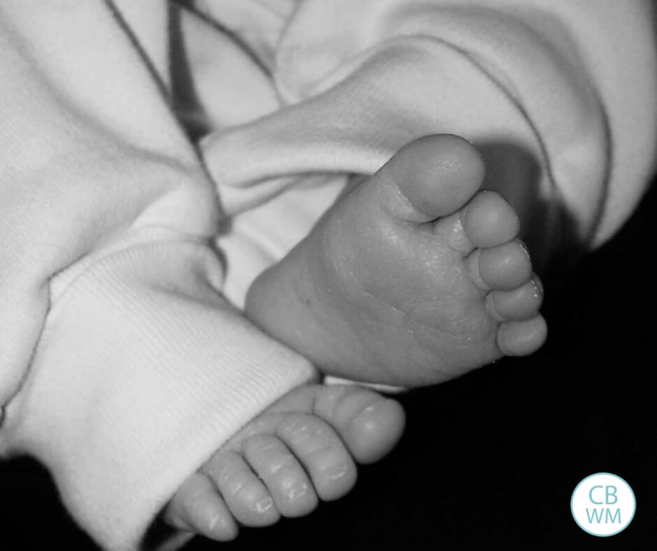 Black and white picture of baby feet