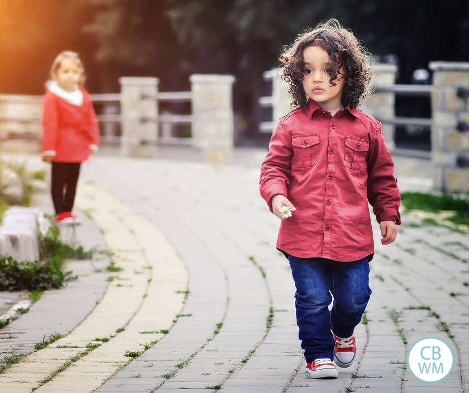 Two children on a cobblestone path