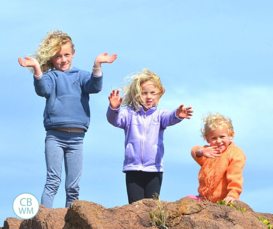 3 kids standing on a rock