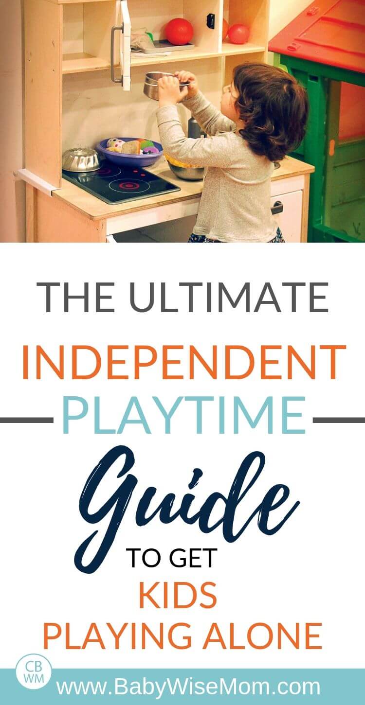 Independent playtime guide pinnable image with a girl playing with a toy kitchen