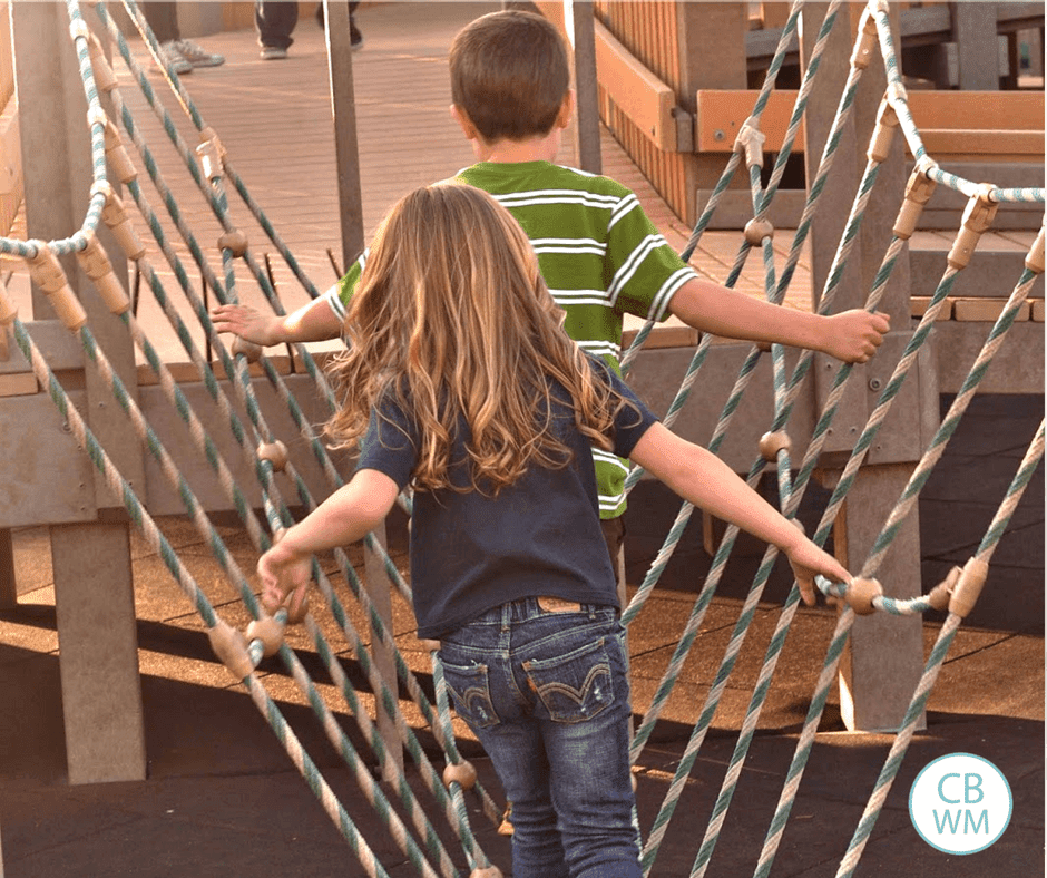 Two kids climbing a net at the playground