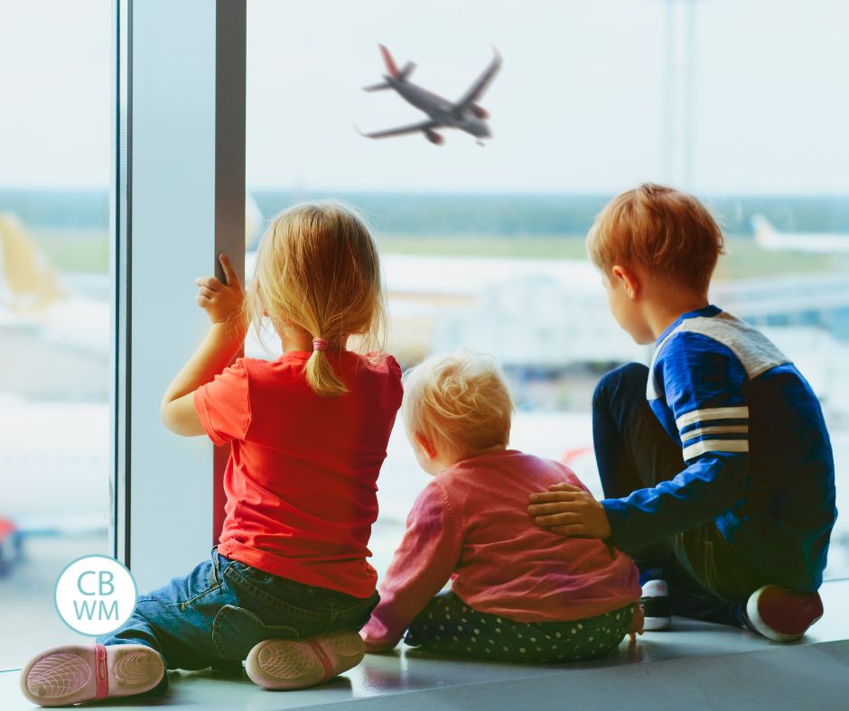 Children watchcing a plane land through a window