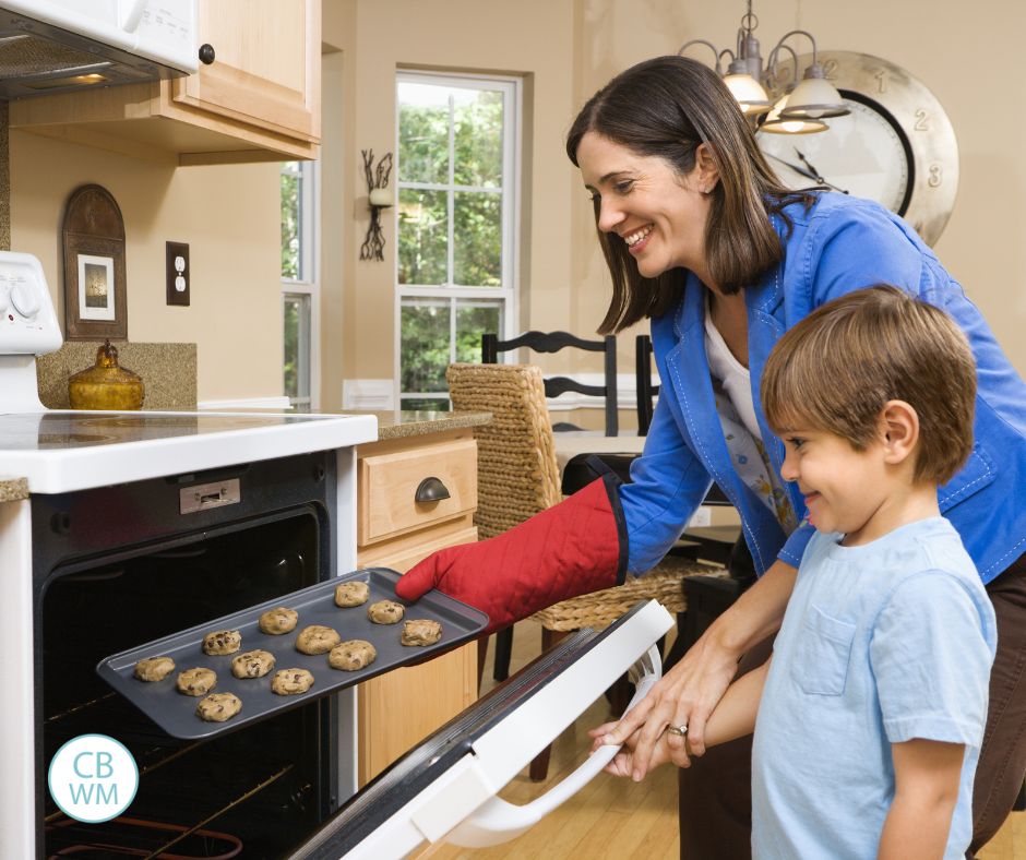 Mom and son baking cookies