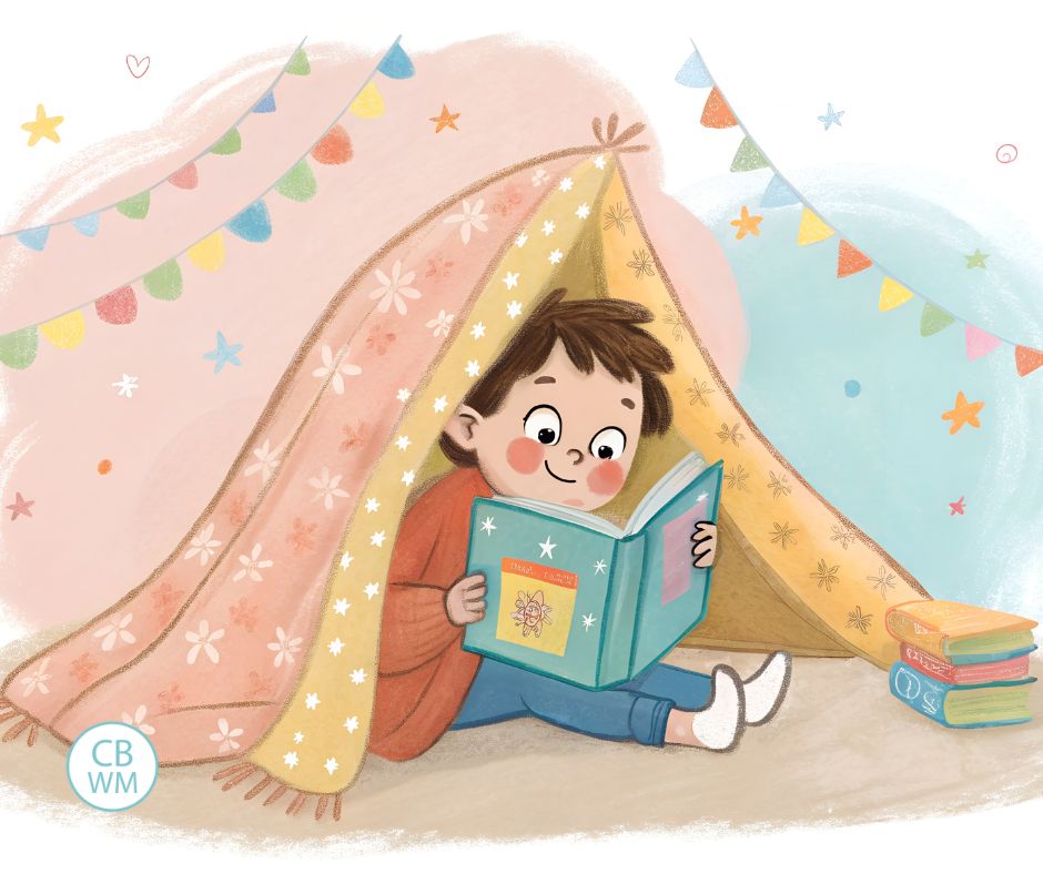 Drawing a child reading a book in a blanket tent
