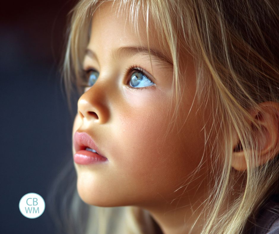 Closeup of a child's face with the Child looking up