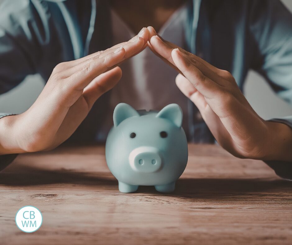 Person holding hands over a blue piggy bank