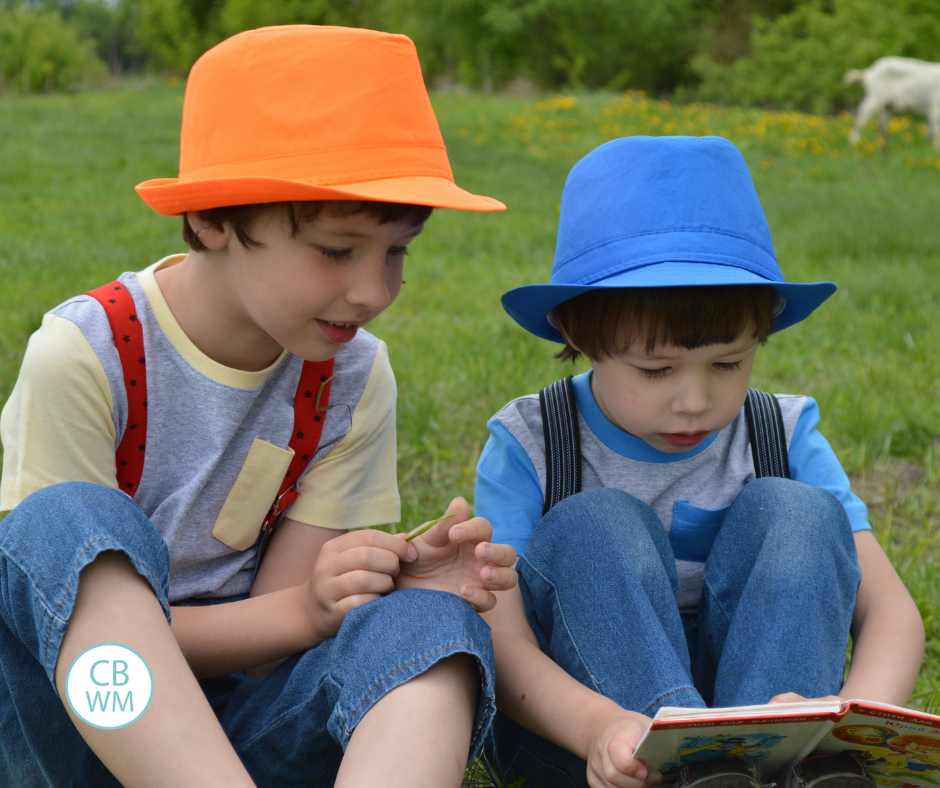 Two boys reading a picture book together