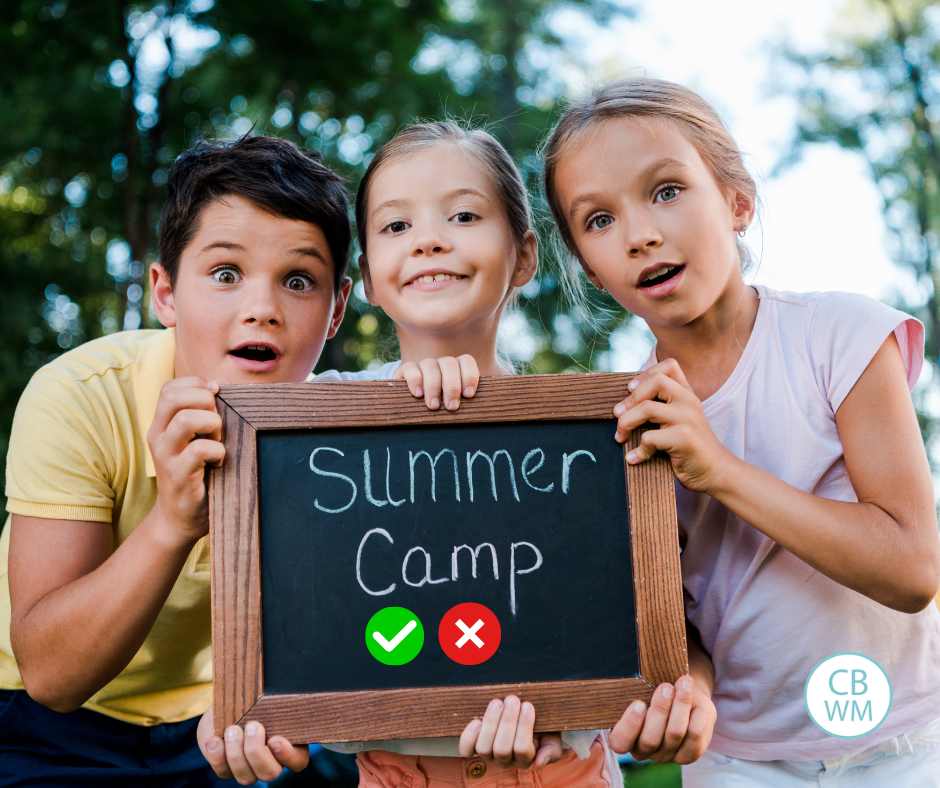 3 children holding a sign with the words "summer camp" on it with checked yes or no boxes