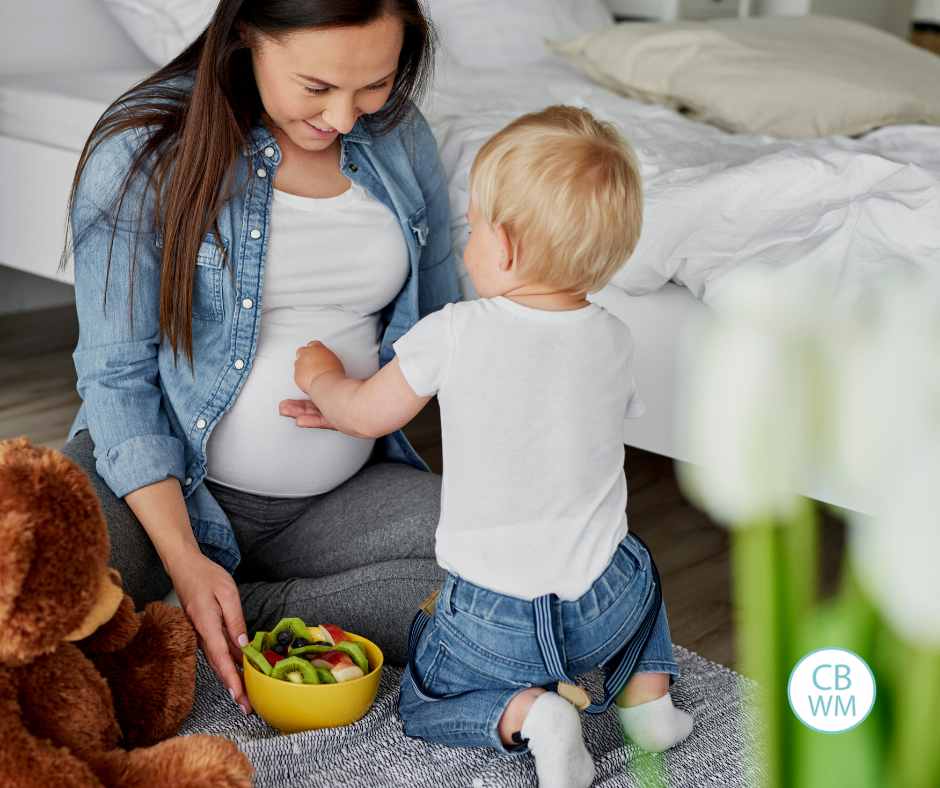 pregnant mom with her toddler kneeling in front of her on the floor