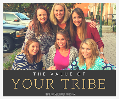 The value of your tribe text overlaying six women spending time together