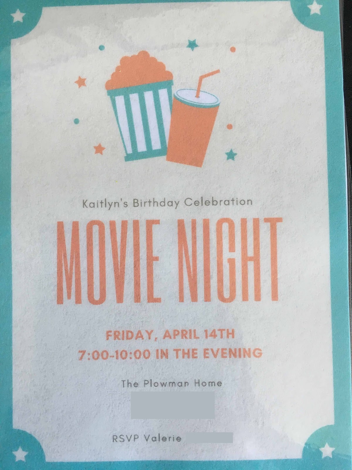 Movie night birthday party invitation idea