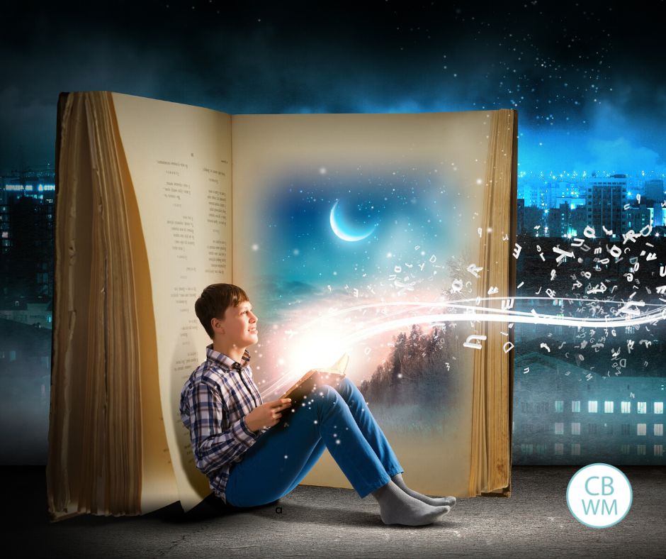 Child reading a book and images flowing from it
