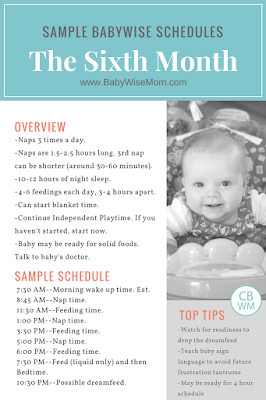 This post gives sample schedule Babywise schedules for the sixth month. The sixth month of baby's life comprises weeks 22-26. Baby is five months old.