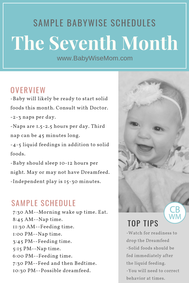 This post gives sample schedule Babywise schedules for the seventh month. The seventh month of baby’s life comprises weeks 27-30. Baby is six months old. These are Babywise 6 Month Old Sample Schedules.