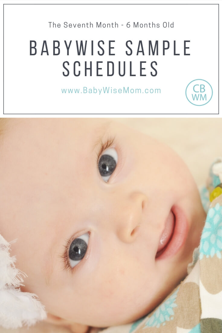 This post gives sample schedule Babywise schedules for the seventh month. The seventh month of baby’s life comprises weeks 27-30. Baby is six months old. These are Babywise 6 Month Old Sample Schedules.