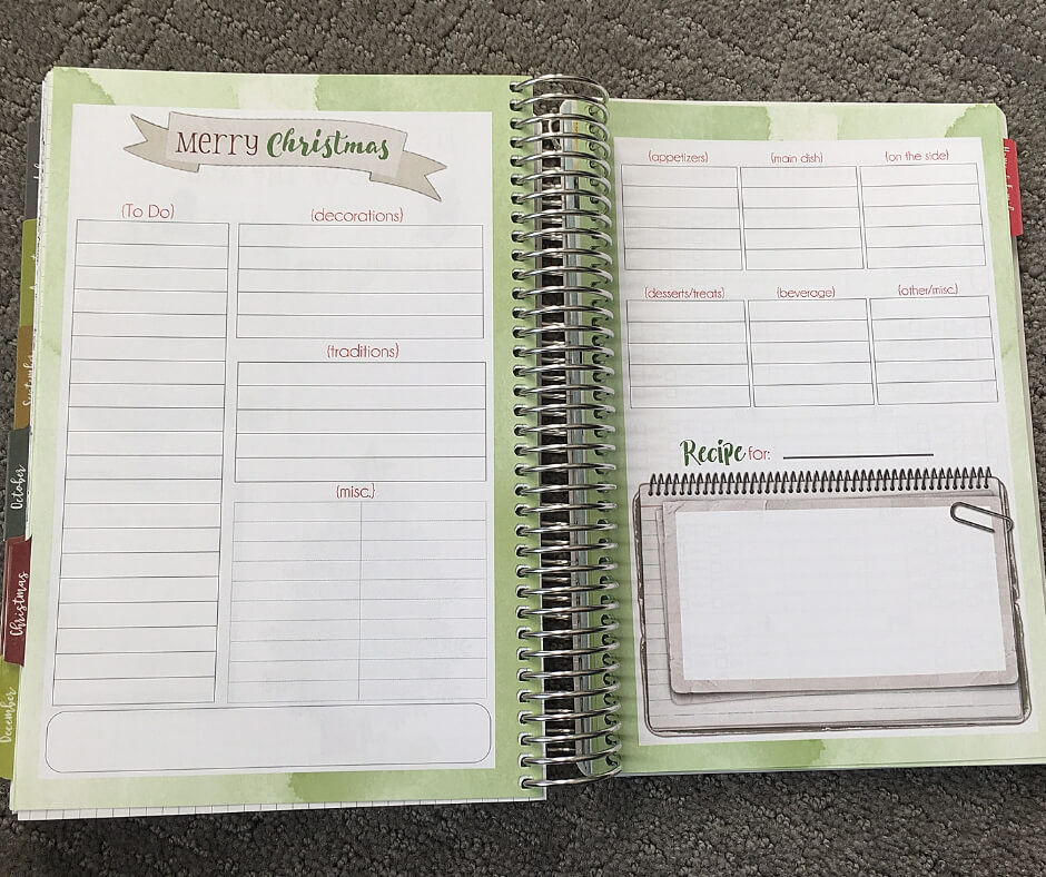 Christmas planning sheets in the planner for moms