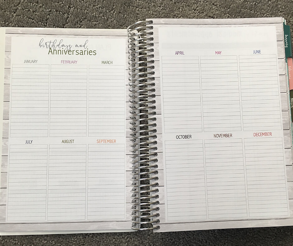 Birthday and anniversary tracking pages in the planner