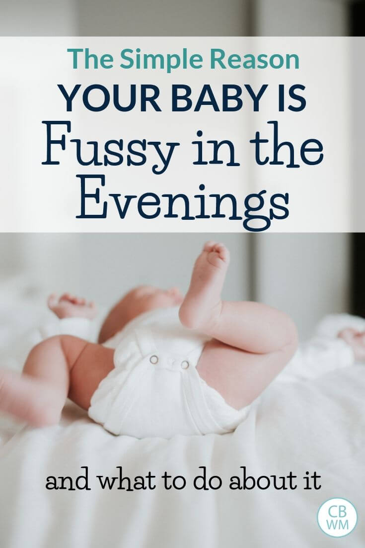 The simple reason your baby is fussy in the evenings and what to do about it with a picture of a baby on a white bed
