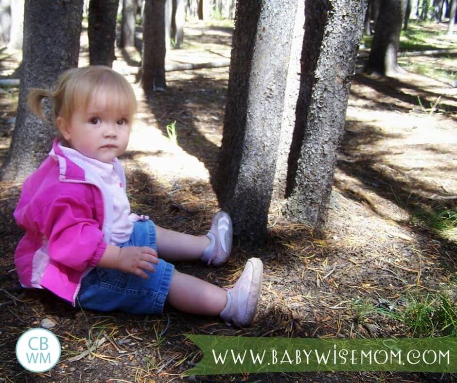 Toddler girl sitting in the forest in Yellowstone