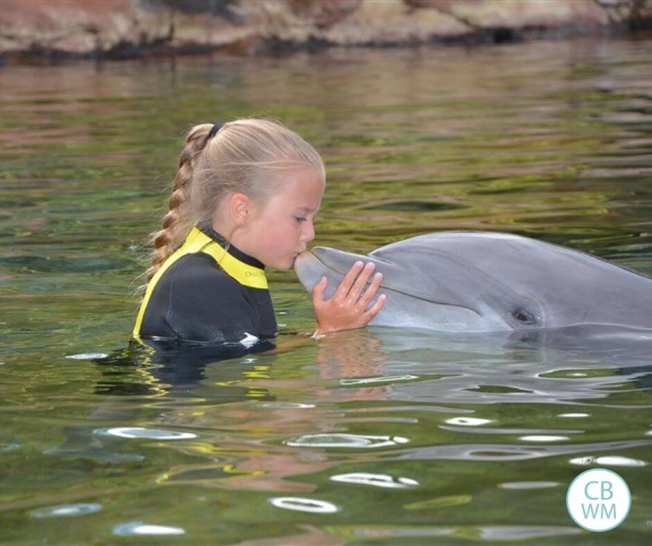 Girl kissing a dolphin