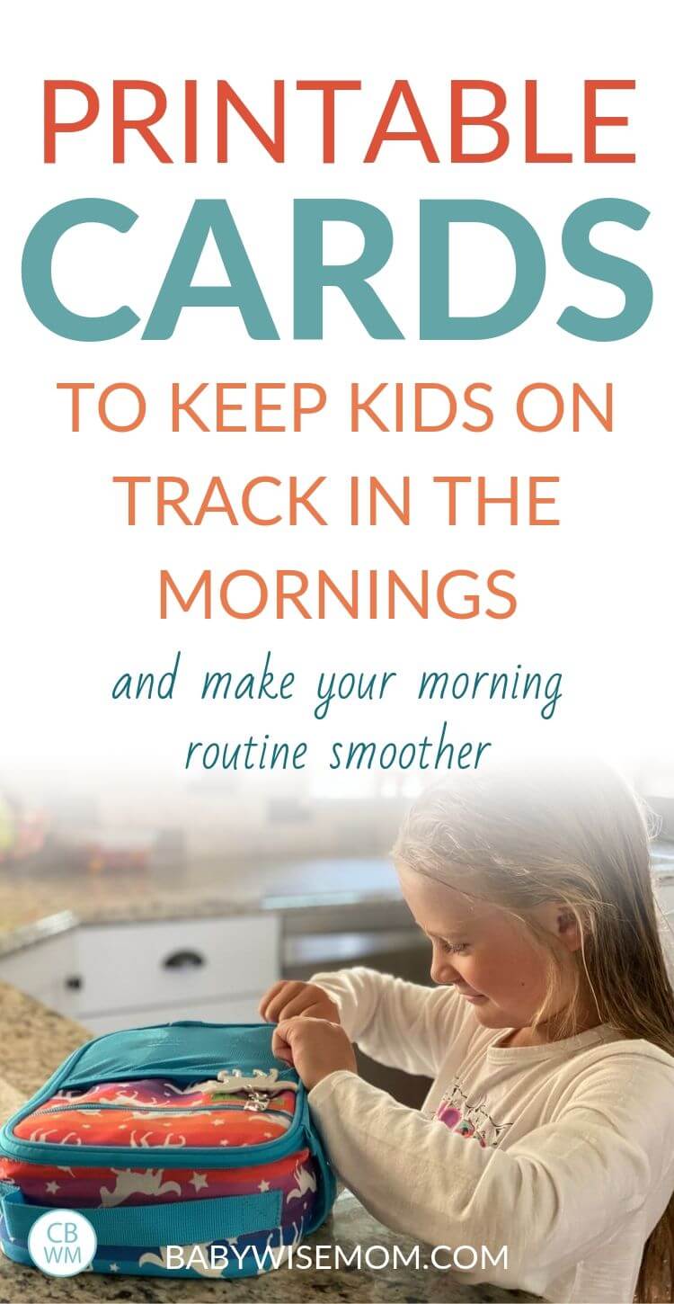Printable Cards to keep kids on track in the mornings and make your morning routine smoother. Get these printable morning routine cards with pictures to help give your children a visual schedule for their morning tasks. #morningroutine #schooltips #schedulehelp Printable Cards Pinnable Image