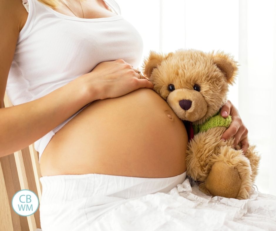 Pregnant woman holding teddy bear