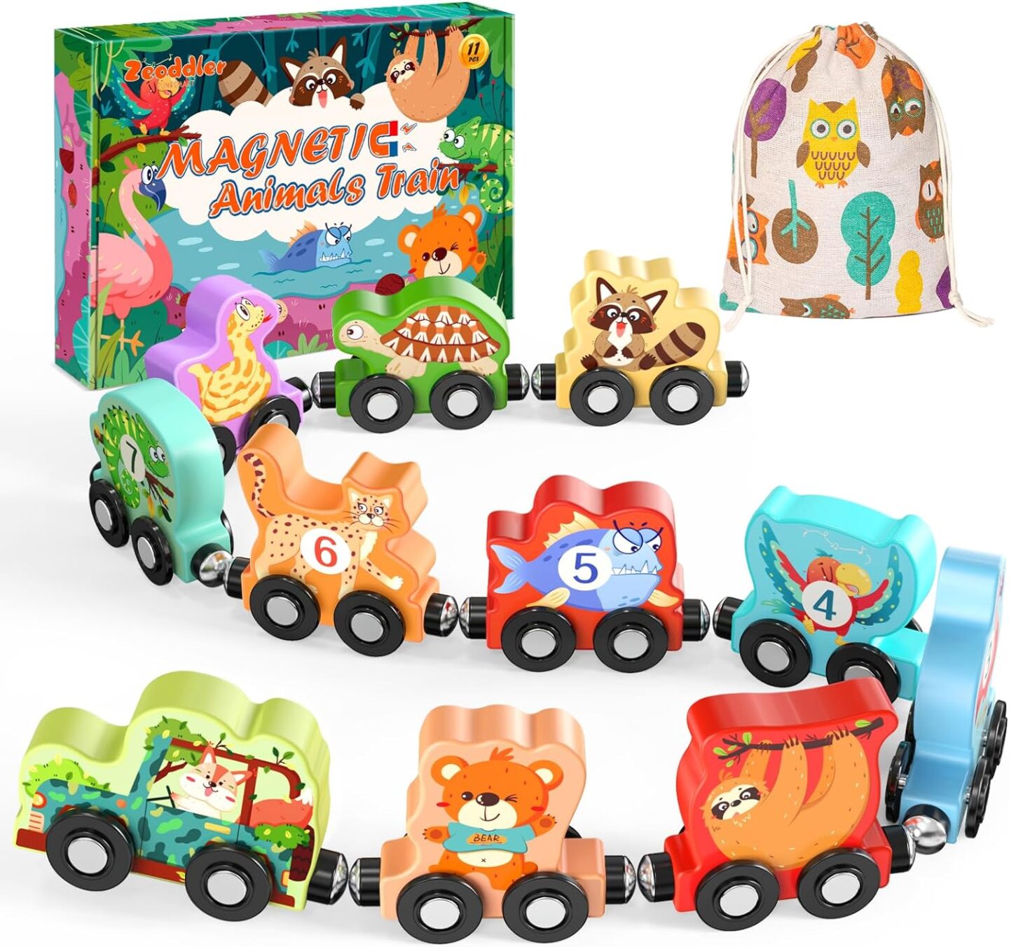 11 Magnetic Wooden Animals Train Set