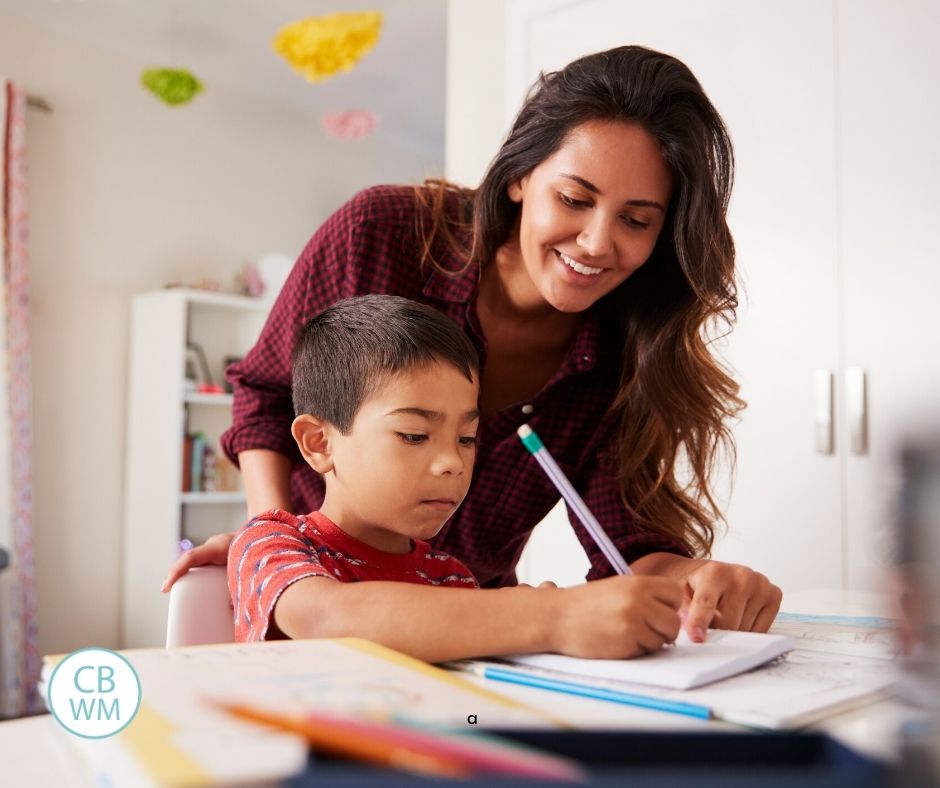 Homeschooling mom helping her son