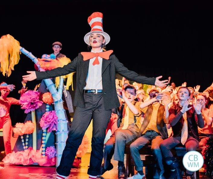 McKenna dress as the Cat on stage in Seussical Jr.