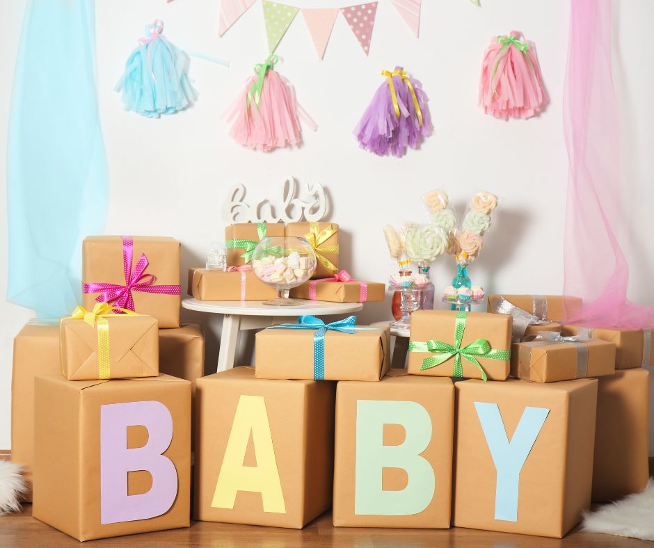 Photo of a baby shower gift table setup