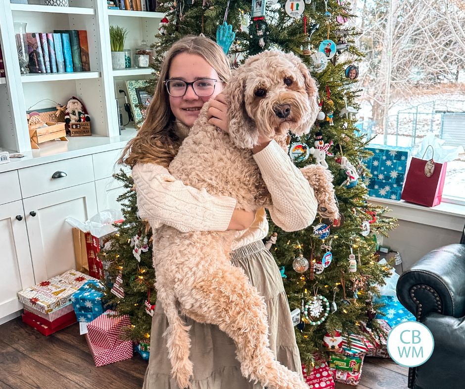 Brinley holding Ginny in front of a Christmas tree