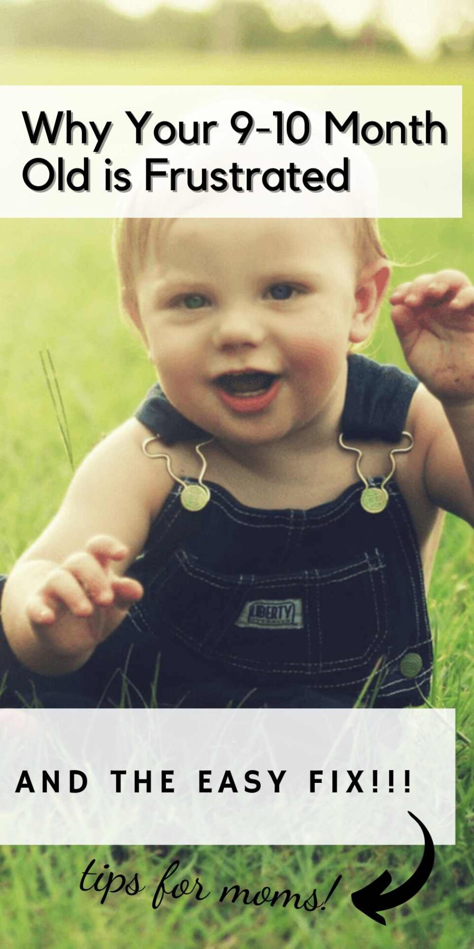 Why baby is frustrated pinnable image with picture of baby sitting on the grass wtih text overlay