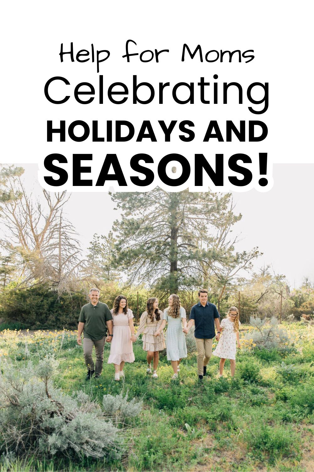 Help for Moms Celebrating Holidays and Seasons pinnable image with a picture of our family and text overlay