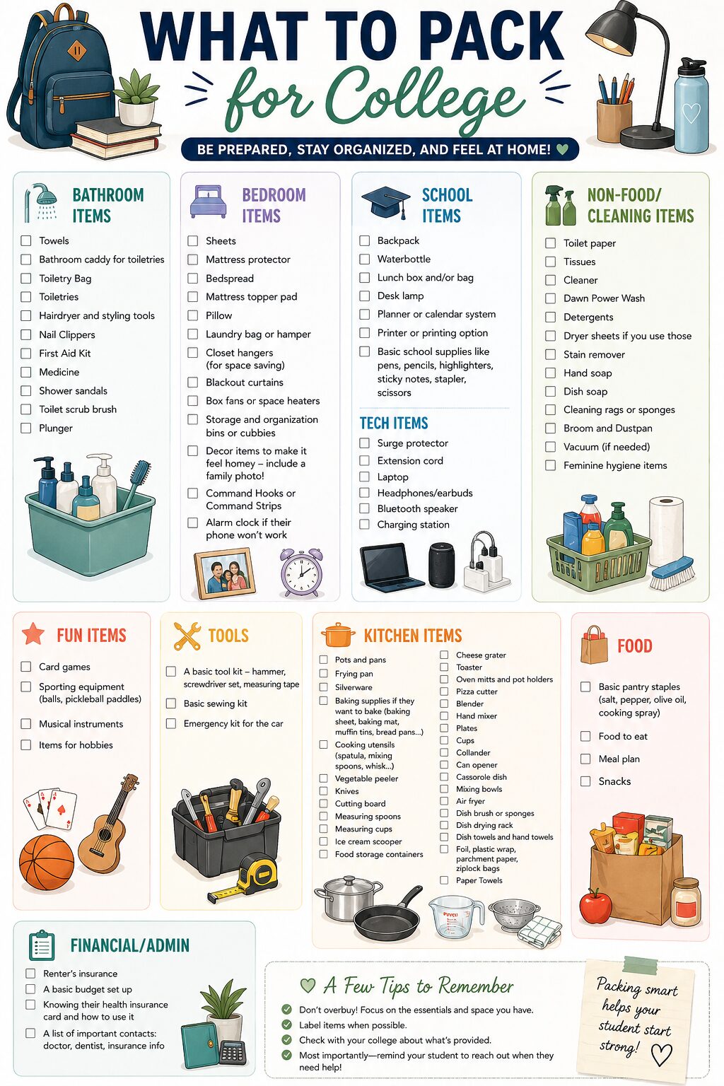 The Complete List of What Your College Kid Needs When They Move Out graphic with a list of everything listed in this post