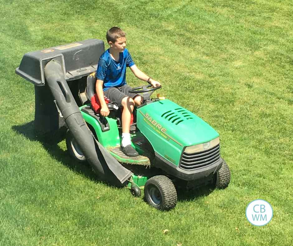 Child mowing the lawn